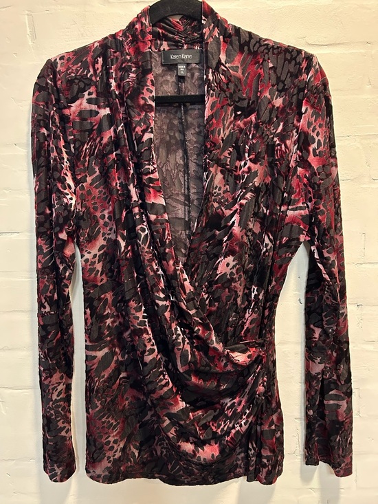 Karen Kane Tops - Karen Kane Burnout Velvet Red Black Surplice Faux Wrap Top XL     Whimsygoth